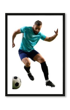 Focused soccer player dribbling ball with determination and agility on transparent background. Concept of sport, skill, competition, fitness, teamwork and emotional athletic discipline.