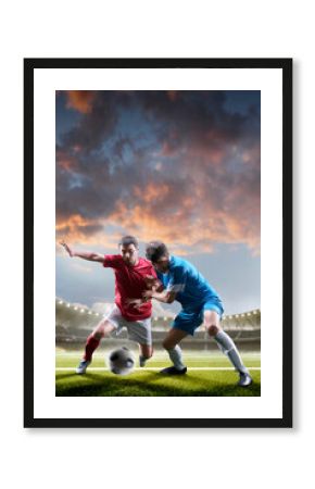 Soccer arena full of fans. Soccer championship. Tackling the ball. Professional soccer players in action. Sports concept. Sunset on stadium. Soccer. Vertical