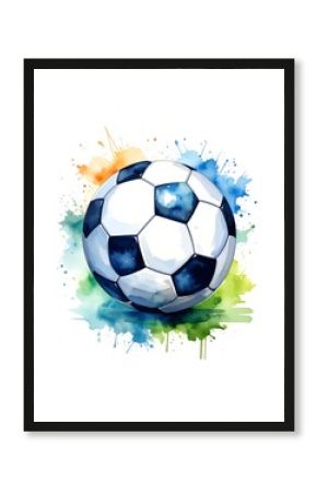 A watercolor-style soccer ball with colorful paint splashes