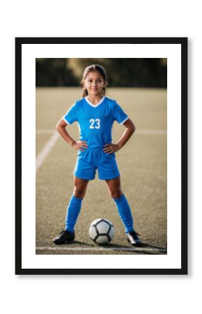 Young girl wearing a blue soccer uniform with the number 23 stands on a soccer field. She poses with her hands on her hips and a soccer ball in front of her. Energy and determination of youth sports.