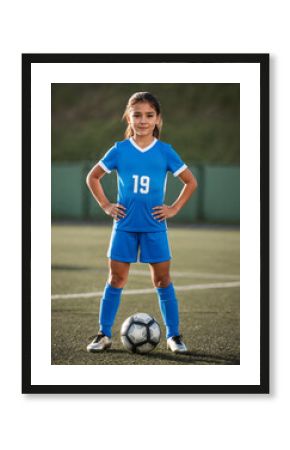 A confident young girl standing on a soccer field, dressed in a blue uniform with the number 19. She stands with her hands on her hips and a soccer ball at her feet, ready to play. Youth, sports, team