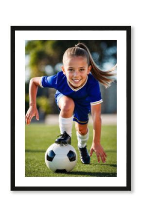 A smiling young blonde girl dressed in a blue soccer uniform, prepared to play, as she leans forward, her foot placed on the ball.  Joy and excitement of youth sports, full of motion and focus.