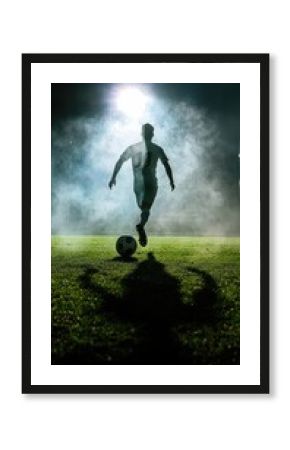 A silhouette of a soccer player kicking a ball on a foggy night, capturing the essence of motion and excitement in sports.