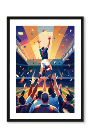 Triumphant Soccer Player Celebrated by Teammates on Field After Victory