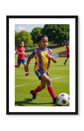 A joyful African-American girl excelling at outdoor soccer play