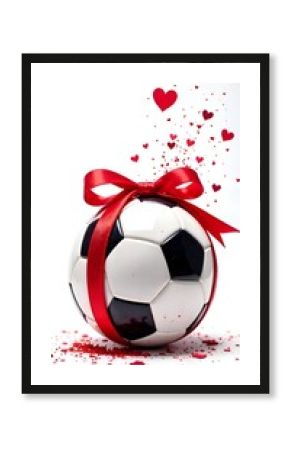 football, soccer ball with red ribbon and bow, hearts, present concept. on white background