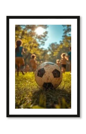 Children enjoying a lively soccer match on a bright sunny day, laughter and energy filling the air, vibrant green field setting
