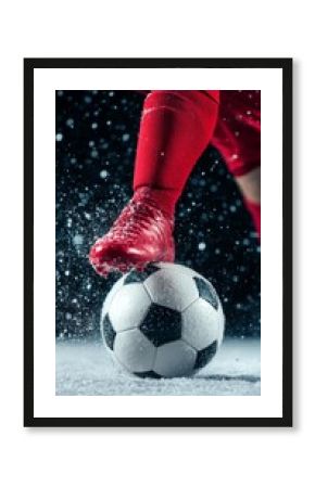 Player kicks soccer ball during a snowy match at night in a stadium with dramatic lighting and dynamic action