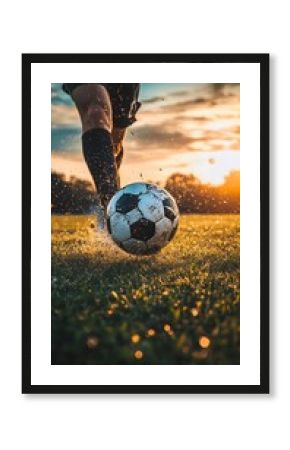 A soccer player kicks a ball at sunset, water droplets glistening.