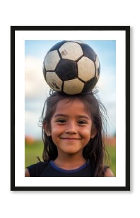 Young girl balancing a soccer ball on her head during outdoor playtime in a grassy field