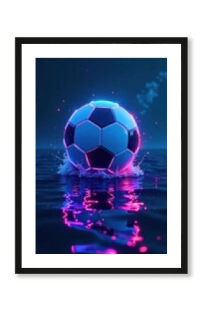 Neon-lit soccer ball radiating from a deep blue ocean, blue ocean, radiant light