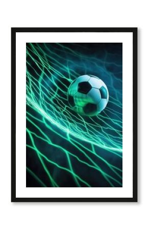 Futuristic soccer ball in sci-fi neon netting with dynamic energy lines