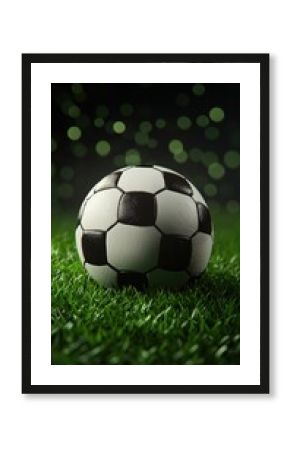 Photorealistic soccer ball on grass with bold contrast and depth