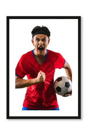 Team leader. Portrait of excited male soccer football player in uniform against transparent background. Championship, match, training. Concept of tournament, competition, action, team, sport game