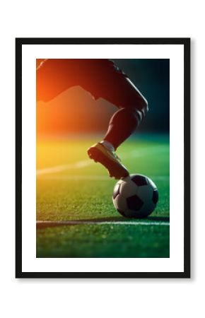 Player performs a skillful move with a soccer ball during a dramatic sunset at an outdoor field