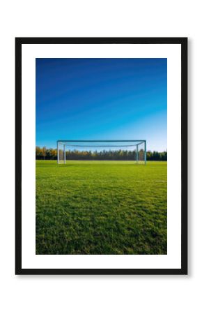 Empty soccer field with goalpost on lush green grass under clear blue sky
