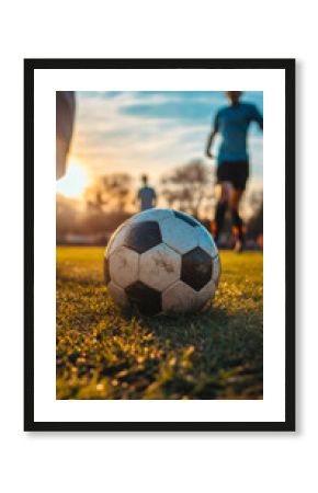Weathered soccer ball lying on emerald grass, sunset backdrop illuminating distant players competing on field