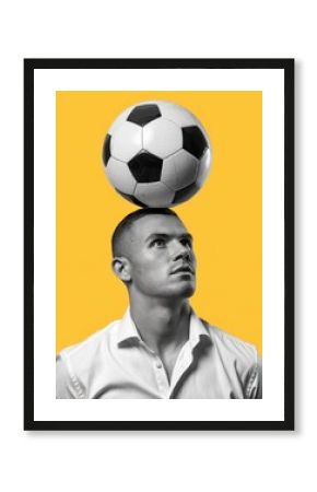 Person balancing a soccer ball on head against yellow background