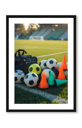 Soccer equipment rests on the green grass next to the field. The soccer balls and cones are ready for game day at the stadium.