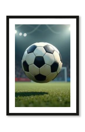 A black and white soccer ball in mid-air, with a soccer field in the background