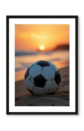 A soccer ball sits on a sandy beach at sunset