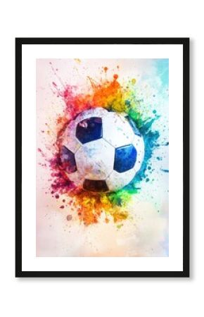 A colorful soccer ball bursts with vibrant and artistic splashes