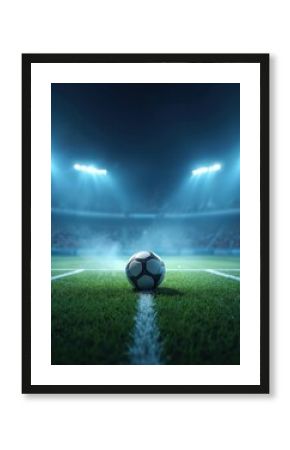Soccer ball on field with bright stadium lights at night. Football game on green grass. Championship final competition. Sports event, league match. Audience in stands.