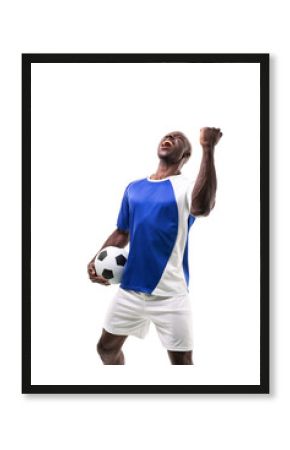 Young african american soccer player holding ball celebrating goal over white background