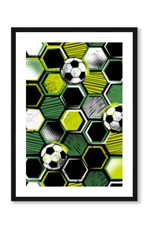 Abstract seamless pattern with urban geometric elements, scuffed, drops, spots. Sport neon texture background. Football and soccer ball  wallpaper.