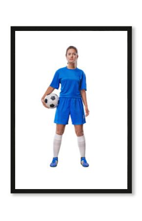  Portrait of full body young female soccer player with soccer ball standing on isolated on free PNG Background.