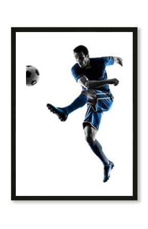 one caucasian soccer player man playing kicking in silhouette isolated on white background