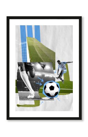 Creative design with young competitive man, professional football, soccer player in motion during match. Contemporary art collage. Concept of sport, betting, gambling, competition. Banner, poster, ad