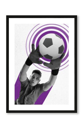 Young sportive man in sportswear playing football, soccer against abstract background. Contemporary art collage.