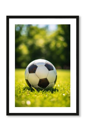 A soccer ball sitting on top of a lush green field