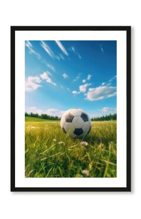 A soccer ball sitting in the middle of a field. Can be used to depict sports, outdoor activities, or recreational games.
