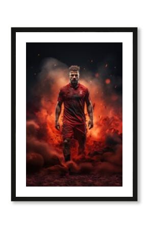 a soccer player in a red sports uniform is kicking the ball with dark blue background with blue smoke