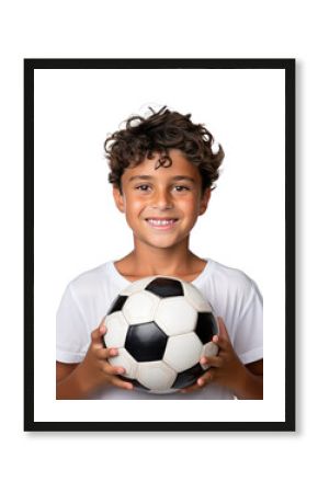 Portrait of a child athlete holding a soccer ball, transparent background (PNG)