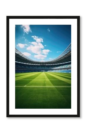 A soccer field with a clear blue sky background. Suitable for sports and outdoor activities concepts
