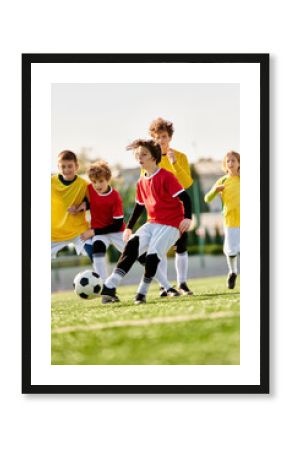 A group of energetic young children enthusiastically playing a game of soccer on a grassy field. They are kicking a colorful ball, running, laughing, and cheering each other on.