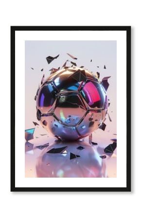 A 3D soccer football in motion surrounded by shattered pieces, designed for sports background.