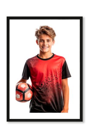 Portrait of a happy young soccer player in modern red soccer attire isolated on a transparent background