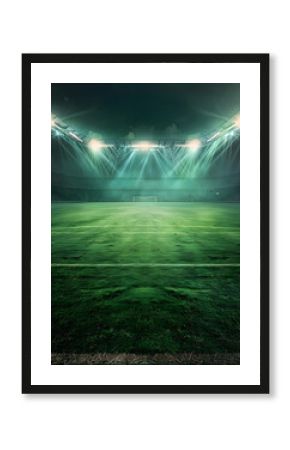 A green soccer field illuminated by bright spotlights for night games.