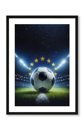 soccer ball in a stadium at night with europe union stars  photo realistic illustration
