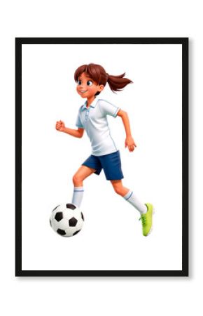 Girl playing soccer isolated on a transparent background. 3D cartoon style