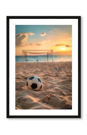A soccer ball laying on a sandy beach with a goal in the background. Ideal for sports and summer vacation concepts