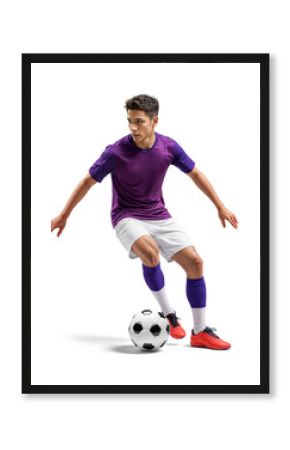 Hispanic soccer player dribbling a ball in purple jersey with isolated background