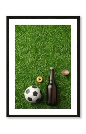 A green table is set with a variety of party snacks, including burgers, fries, chips, dips, and cookies, with two soccer balls on the right side of the frame