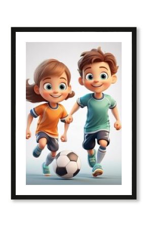 Children playing soccer on a neutral white background 3d cartoon 