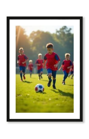 Children play soccer energetically on a grass field, with a focus on the players and dynamic light and shadow enhancing the lively scene.   