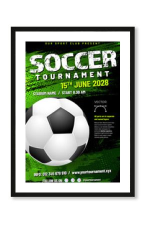 Soccer or football tournament poster template with ball and grungy scratchy halftone background